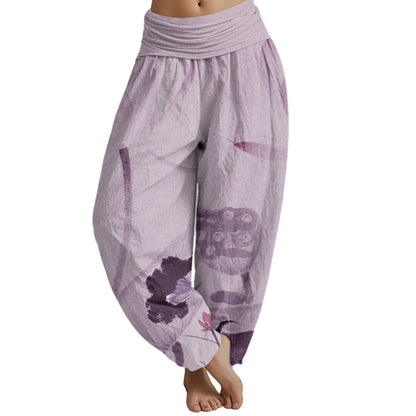 Mythstone Ink Lotus Flowers Leaves Koi Fish Pattern Women's Elastic Waist Harem Pants