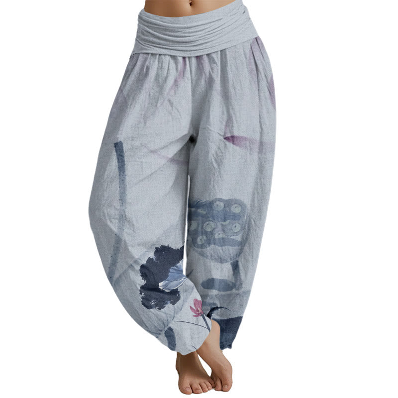 Mythstone Ink Lotus Flowers Leaves Koi Fish Pattern Women's Elastic Waist Harem Pants