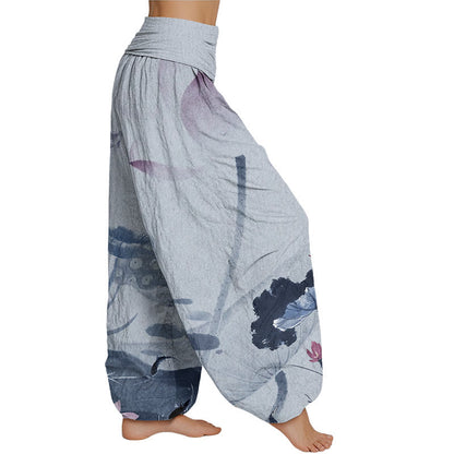 Mythstone Ink Lotus Flowers Leaves Koi Fish Pattern Women's Elastic Waist Harem Pants