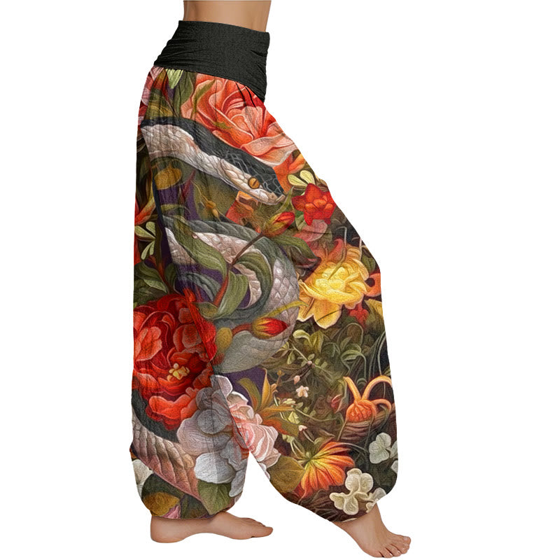 Pantalones harén con cintura elástica para mujer con estampado de hojas y flores de peonía y serpiente Mythstone 