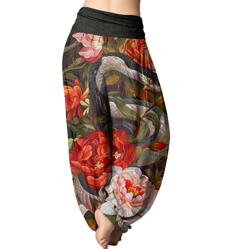 Pantalones harén con cintura elástica para mujer con estampado de hojas y flores de peonía y serpiente Mythstone 