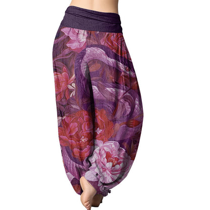 Pantalones harén con cintura elástica para mujer con estampado de hojas y flores de peonía y serpiente Mythstone 