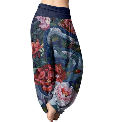 Pantalones harén con cintura elástica para mujer con estampado de hojas y flores de peonía y serpiente Mythstone 