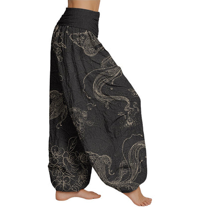 Pantalones harén con cintura elástica para mujer con estampado floral de peces koi de Mythstone 