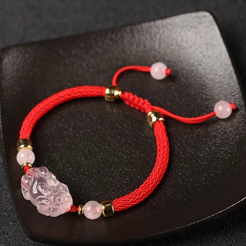 Mythstone PiXiu Pink Crystal Wealth String Braided Bracelet