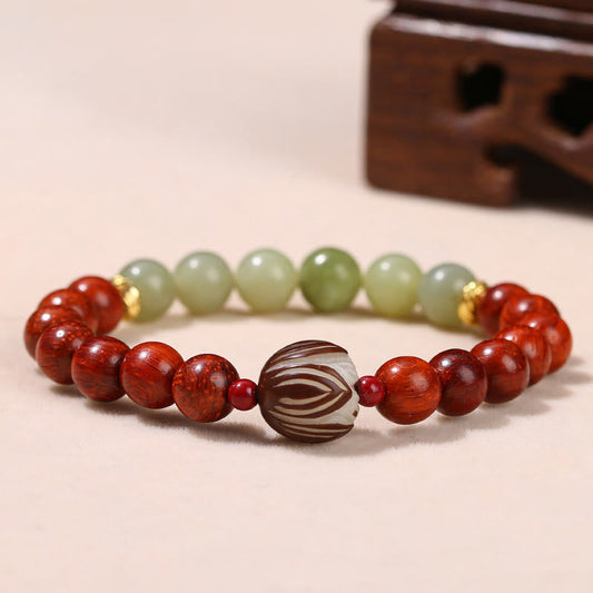 Mythstone Natural Rosewood Cyan Jade Bodhi Seed Lotus Warmth Calm Bracelet