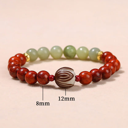 Pulsera de piedra de loto con semillas de bodhi, jade cian y palo de rosa natural que aporta calidez y calma