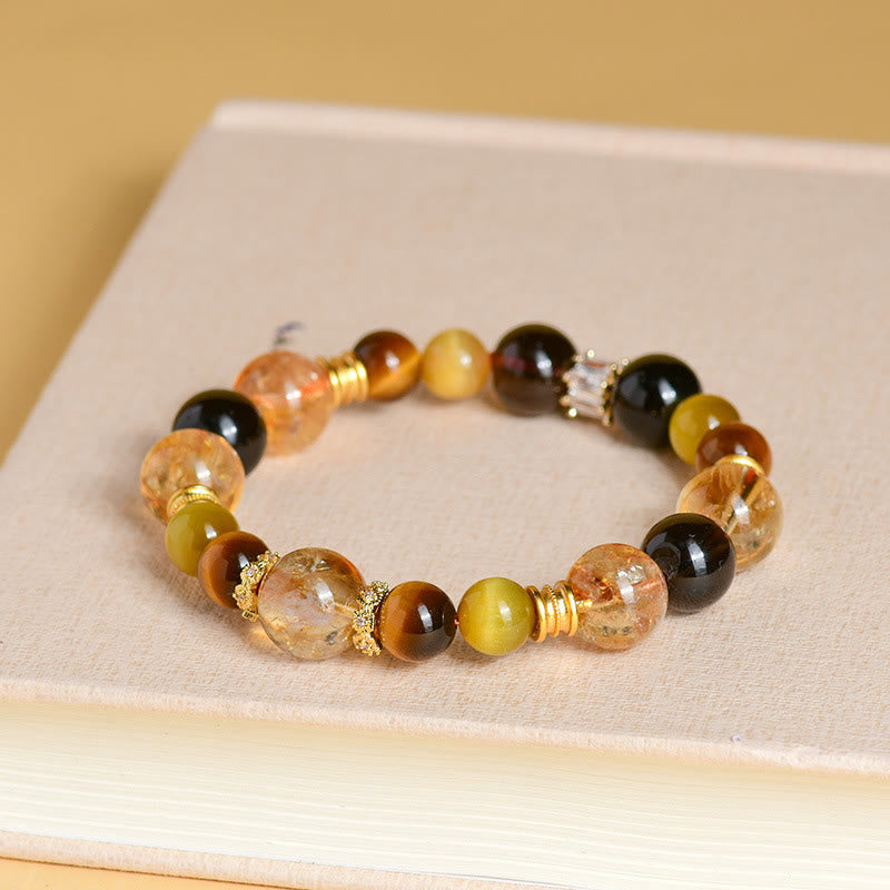 Mythstone Natural Citrine Smoky Quartz Tiger Eye Duobao Crystal Prosperity Bracelet