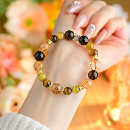 Mythstone Natural Citrine Smoky Quartz Tiger Eye Duobao Crystal Prosperity Bracelet