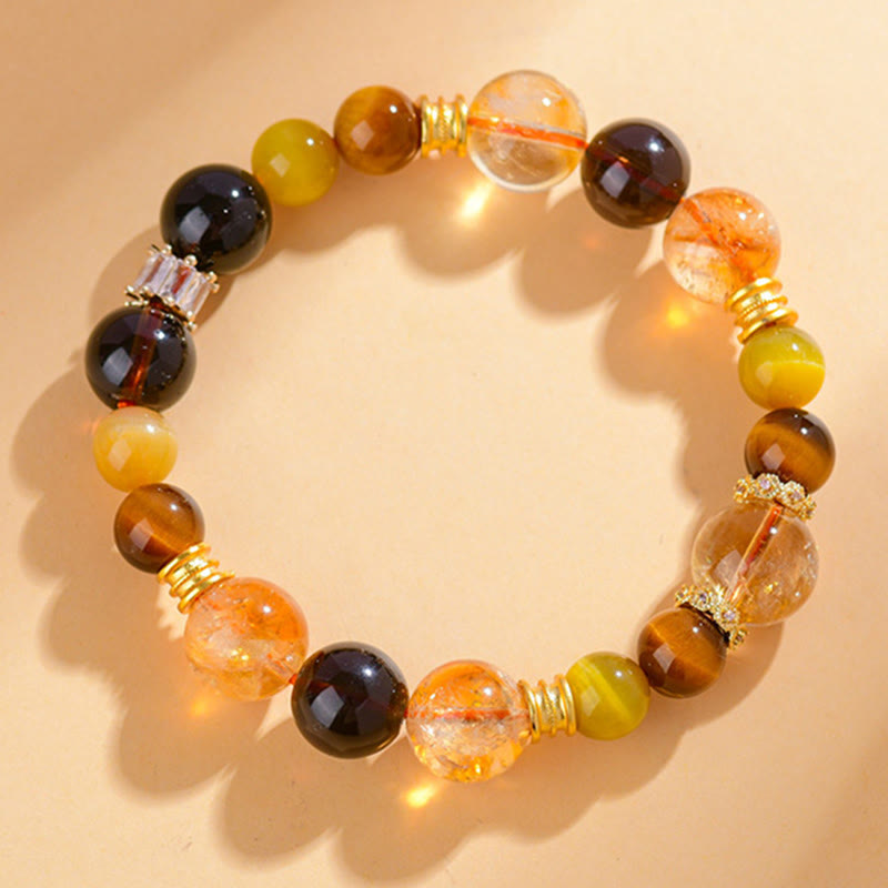 Mythstone Natural Citrine Smoky Quartz Tiger Eye Duobao Crystal Prosperity Bracelet