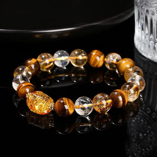 Mythstone Natural Yellow Tiger Eye Citrine Beeswax Pixiu Strength Bracelet