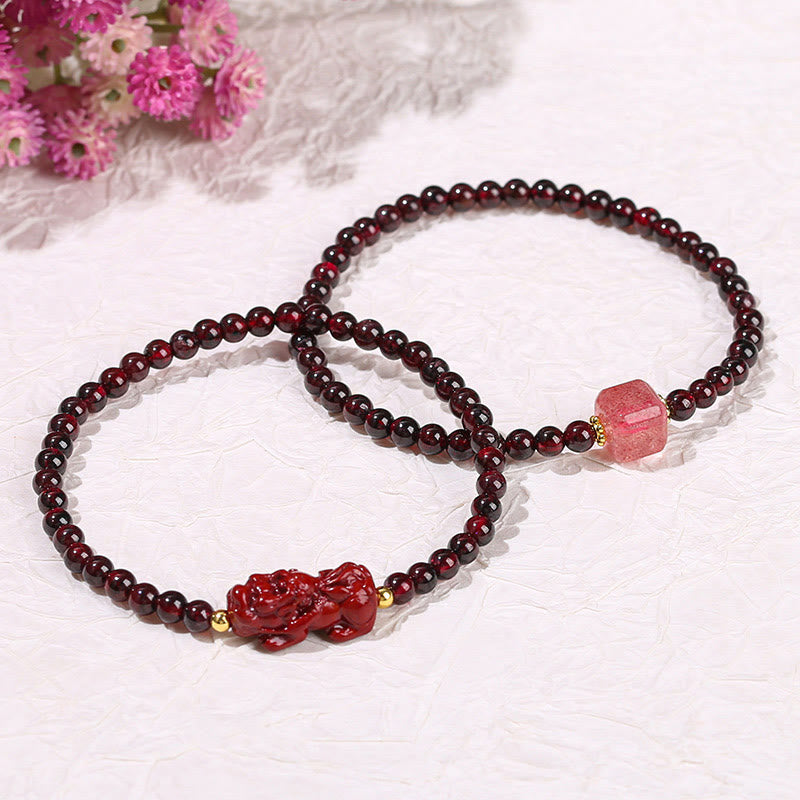 Mythstone Garnet Cinnabar PiXiu Strawberry Quartz Square Bead Protection Bracelet