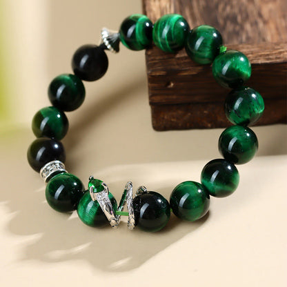 Mythstone Green Tiger Eye Silver Sheen Obsidian Year of the Snake Strength Bracelet