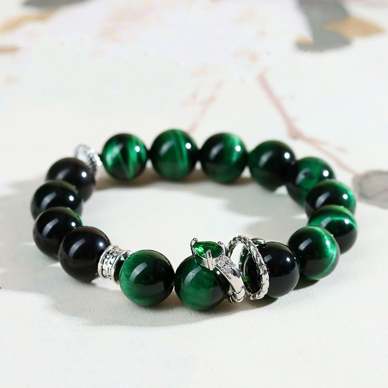 Mythstone Green Tiger Eye Silver Sheen Obsidian Year of the Snake Strength Bracelet