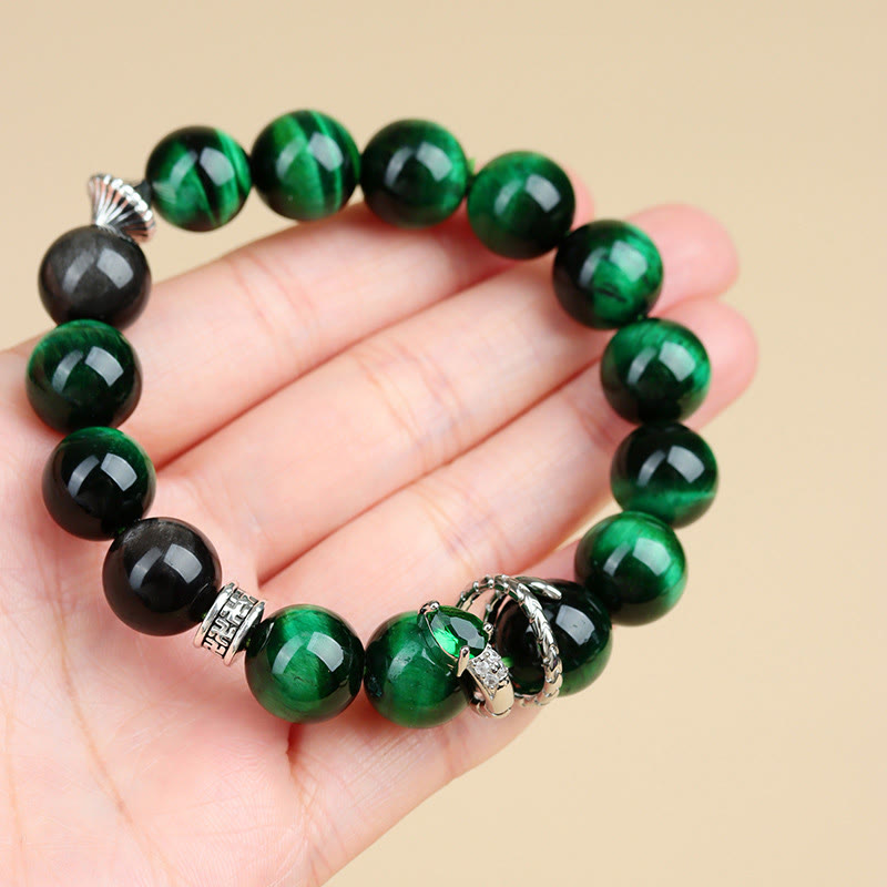 Mythstone Green Tiger Eye Silver Sheen Obsidian Year of the Snake Strength Bracelet