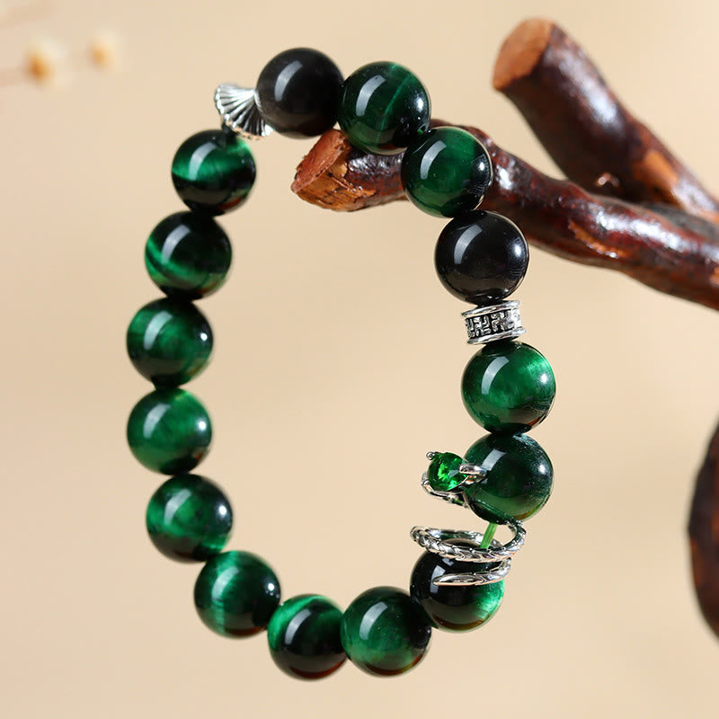 Mythstone Green Tiger Eye Silver Sheen Obsidian Year of the Snake Strength Bracelet