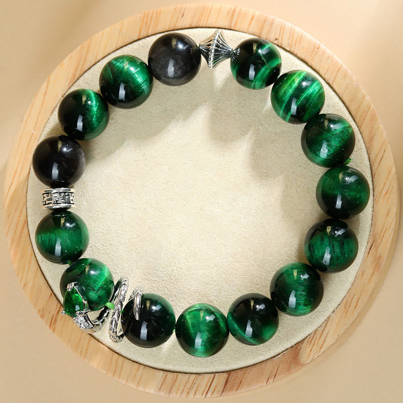 Mythstone Green Tiger Eye Silver Sheen Obsidian Year of the Snake Strength Bracelet