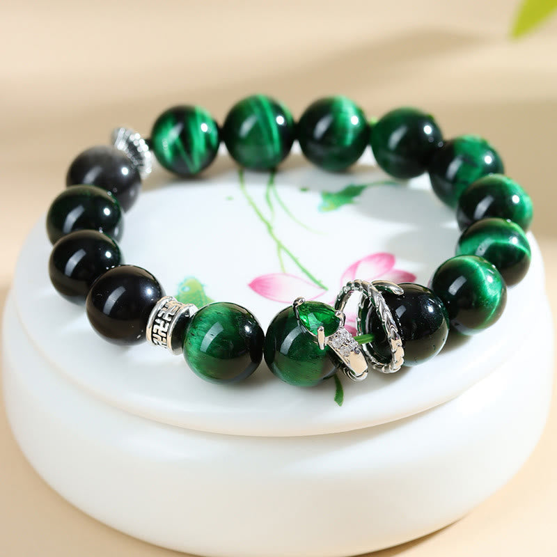 Mythstone Green Tiger Eye Silver Sheen Obsidian Year of the Snake Strength Bracelet