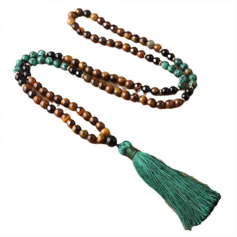 Mythstone 108 Mala Natural Stone Tiger Eye Turquoise  Beads Tassel Protection Bracelet