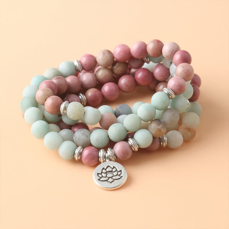 Mythstone 108 Mala Rhodonite Amazonite Beads Lotus Compassion Bracelet