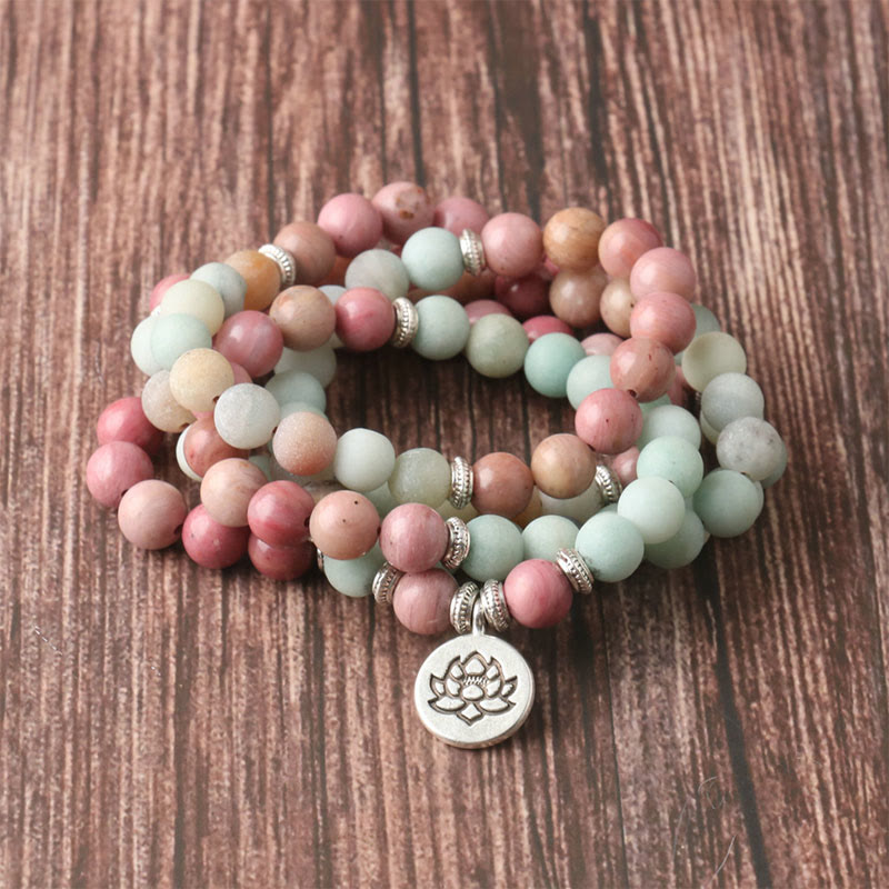 Mythstone 108 Mala Rhodonite Amazonite Beads Lotus Compassion Bracelet