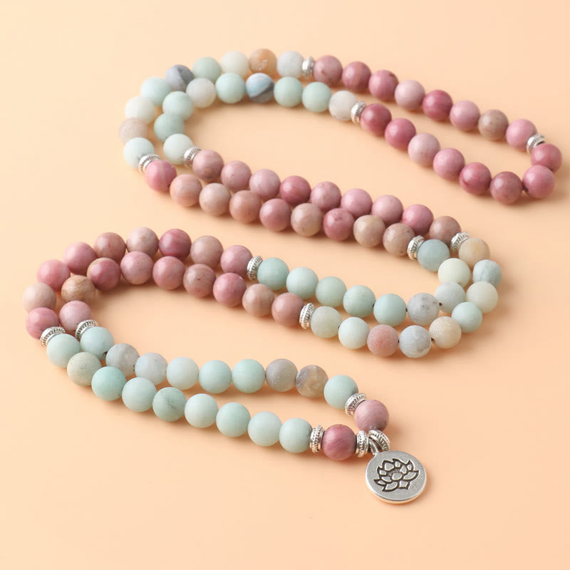 Mythstone 108 Mala Rhodonite Amazonite Beads Lotus Compassion Bracelet