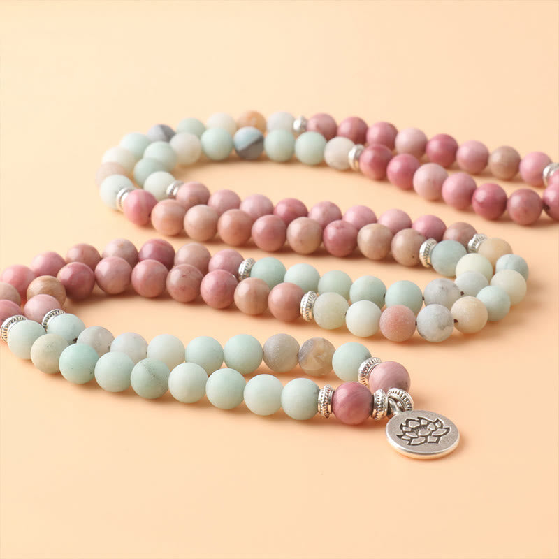 Mythstone 108 Mala Rhodonite Amazonite Beads Lotus Compassion Bracelet