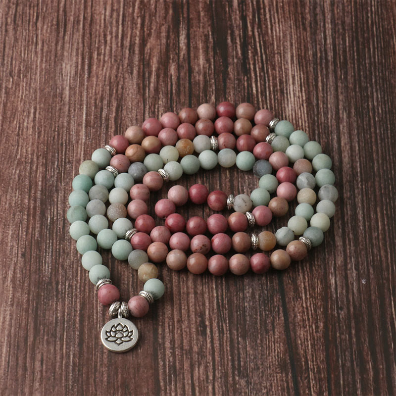 Mythstone 108 Mala Rhodonite Amazonite Beads Lotus Compassion Bracelet