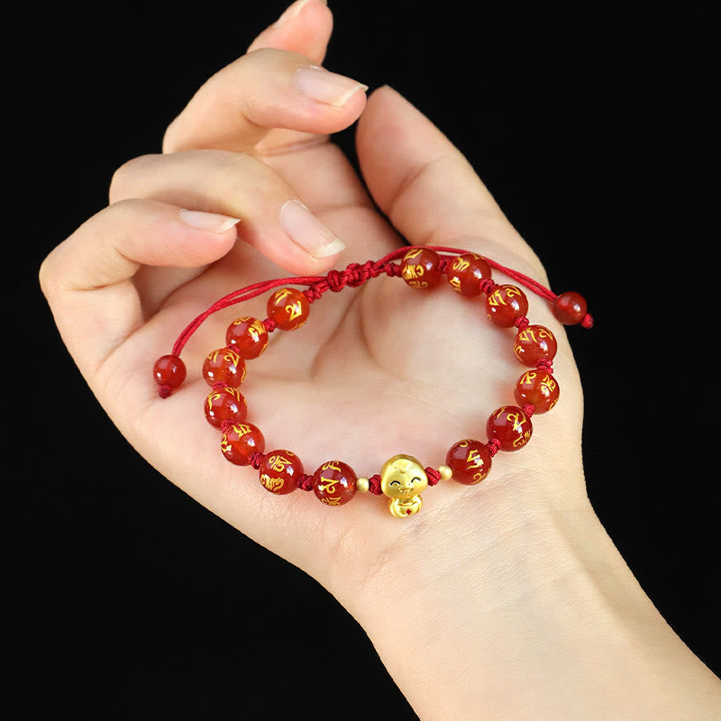 Mythstone Red Agate Black Onyx Bead Copper Year Of The Snake Fu Character Om Mani Padme Hum Happiness Bracelet