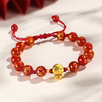 Mythstone Red Agate Black Onyx Bead Copper Year Of The Snake Fu Character Om Mani Padme Hum Happiness Bracelet