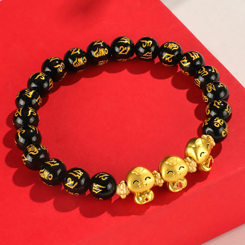 Mythstone Red Agate Black Onyx Bead Copper Year Of The Snake Fu Character Om Mani Padme Hum Happiness Bracelet