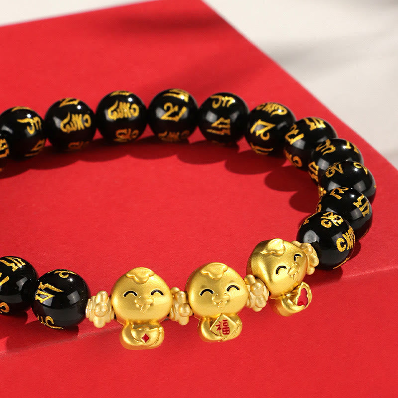 Mythstone Red Agate Black Onyx Bead Copper Year Of The Snake Fu Character Om Mani Padme Hum Happiness Bracelet