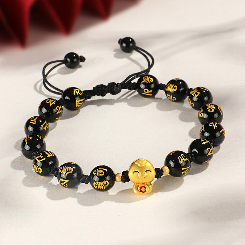 Mythstone Red Agate Black Onyx Bead Copper Year Of The Snake Fu Character Om Mani Padme Hum Happiness Bracelet