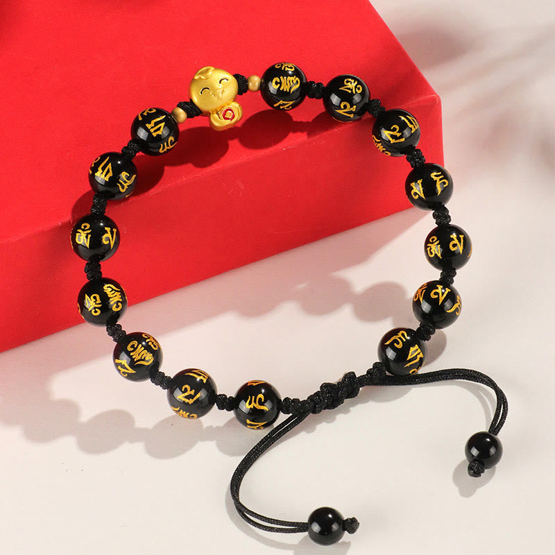 Mythstone Red Agate Black Onyx Bead Copper Year Of The Snake Fu Character Om Mani Padme Hum Happiness Bracelet