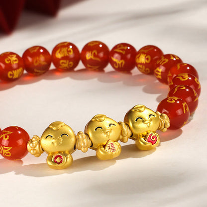 Mythstone Red Agate Black Onyx Bead Copper Year Of The Snake Fu Character Om Mani Padme Hum Happiness Bracelet