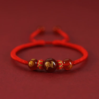 Mythstone Handmade Red Agate Chinese Zodiac Red String Braided Protection Bracelet