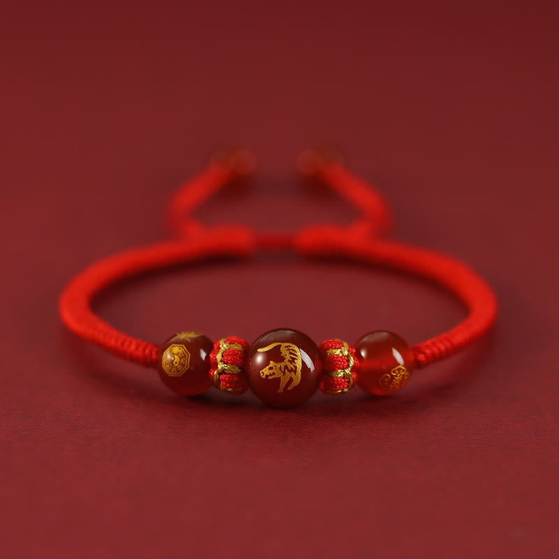 Mythstone Handmade Red Agate Chinese Zodiac Red String Braided Protection Bracelet