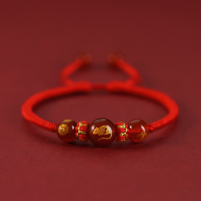 Mythstone Handmade Red Agate Chinese Zodiac Red String Braided Protection Bracelet