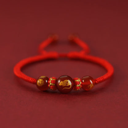 Mythstone Handmade Red Agate Chinese Zodiac Red String Braided Protection Bracelet