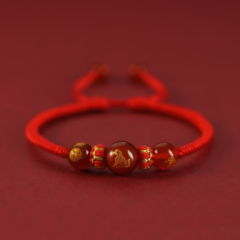 Mythstone Handmade Red Agate Chinese Zodiac Red String Braided Protection Bracelet