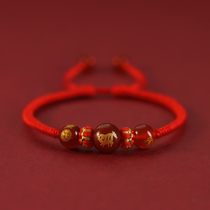 Mythstone Handmade Red Agate Chinese Zodiac Red String Braided Protection Bracelet