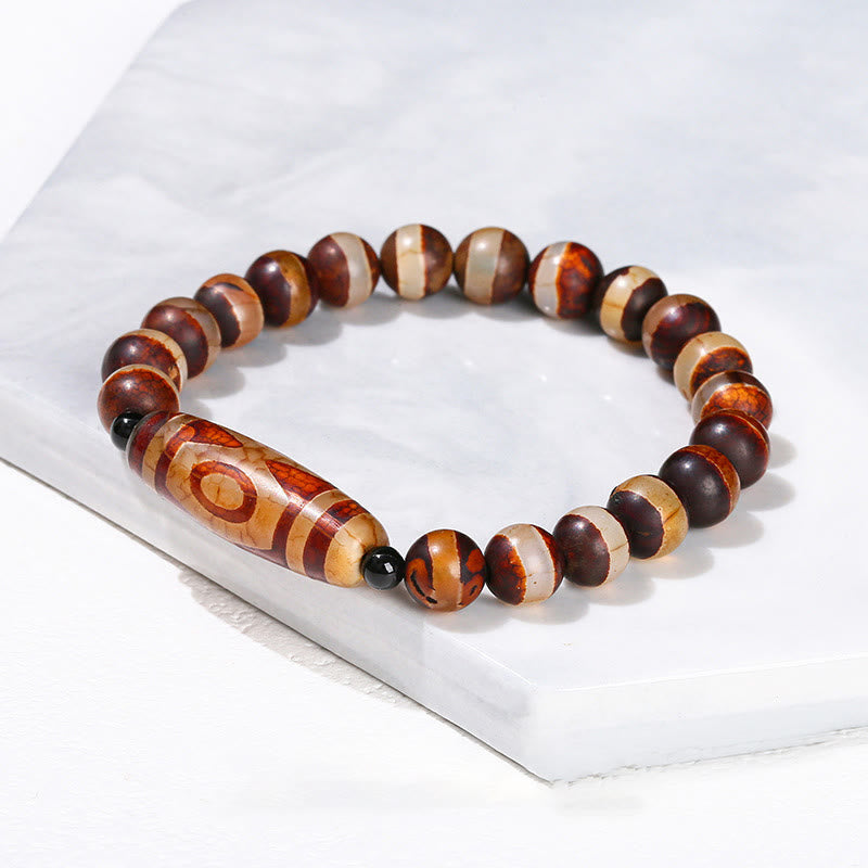 Mythstone Tibetan Nine-eye Dzi Bead Natural Sandalwood White Cat's Eye Agate Power Protection Bracelet