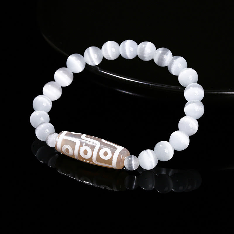 Mythstone Tibetan Nine-eye Dzi Bead Natural Sandalwood White Cat's Eye Agate Power Protection Bracelet