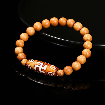 Mythstone Tibetan Nine-eye Dzi Bead Natural Sandalwood White Cat's Eye Agate Power Protection Bracelet