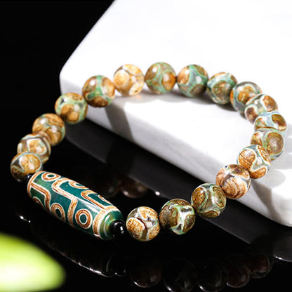 Mythstone Tibetan Nine-eye Dzi Bead Natural Sandalwood White Cat's Eye Agate Power Protection Bracelet