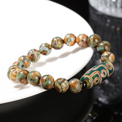 Mythstone Tibetan Nine-eye Dzi Bead Natural Sandalwood White Cat's Eye Agate Power Protection Bracelet