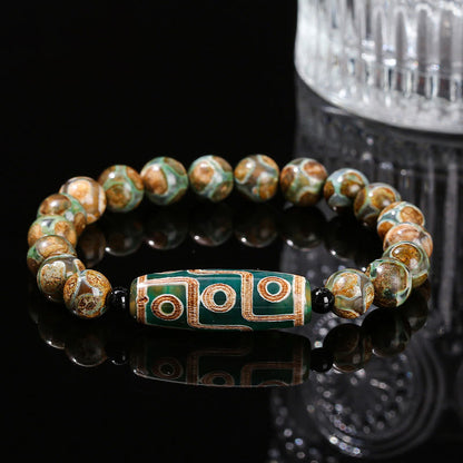 Mythstone Tibetan Nine-eye Dzi Bead Natural Sandalwood White Cat's Eye Agate Power Protection Bracelet