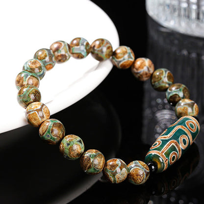 Mythstone Tibetan Nine-eye Dzi Bead Natural Sandalwood White Cat's Eye Agate Power Protection Bracelet