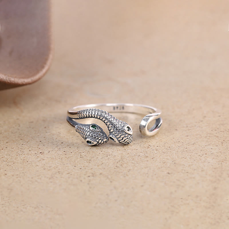 Mythstone 925 Sterling Silver Year Of The Snake Two-headed Snake Adjustable Open Ring