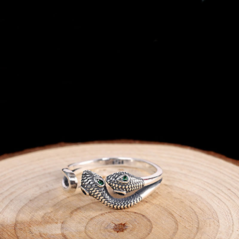 Mythstone 925 Sterling Silver Year Of The Snake Two-headed Snake Adjustable Open Ring